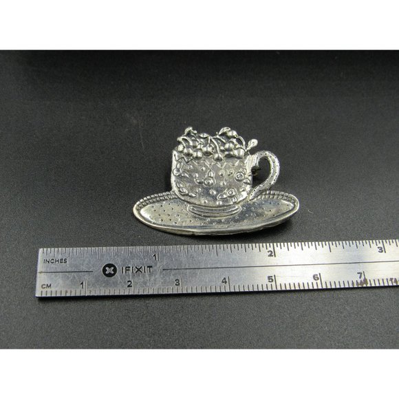 Sterling Silver Cup Of Fruit On A Plate Pin Brooch - Picture 6 of 7